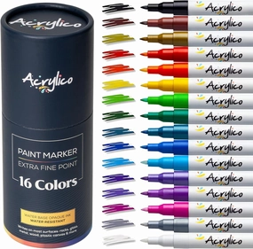 Acrylic Paint Markers Set of 16 Paint Pens – Fine Tip for Fabric, Rock, Metal, Ceramic, Adult Coloring & Art Projects – Art Supplies for Kids & Adults