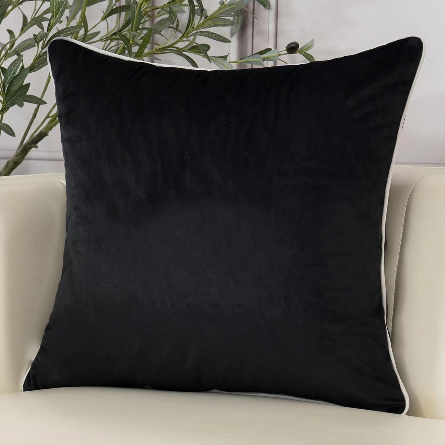 Aeckself Black White Leaves Velvet Throw Pillow Cover 18 x 18 Inch, Embroidery Square Cushion Case with Stitched Edge Luxury Modern Decorative Pillowcase for Couch Living Room Bedroom