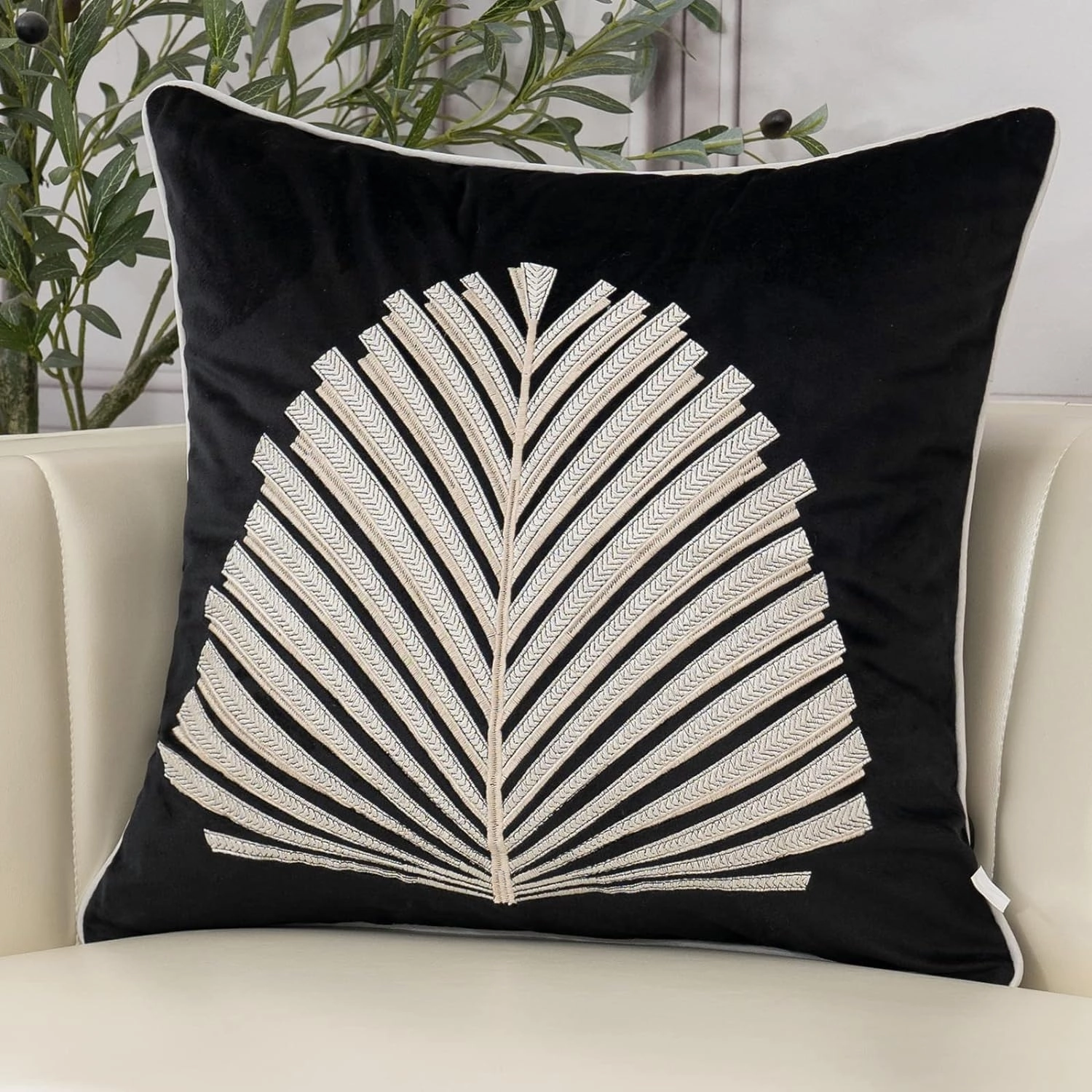 Aeckself Black White Leaves Velvet Throw Pillow Cover 18 x 18 Inch, Embroidery Square Cushion Case with Stitched Edge Luxury Modern Decorative Pillowcase for Couch Living Room Bedroom