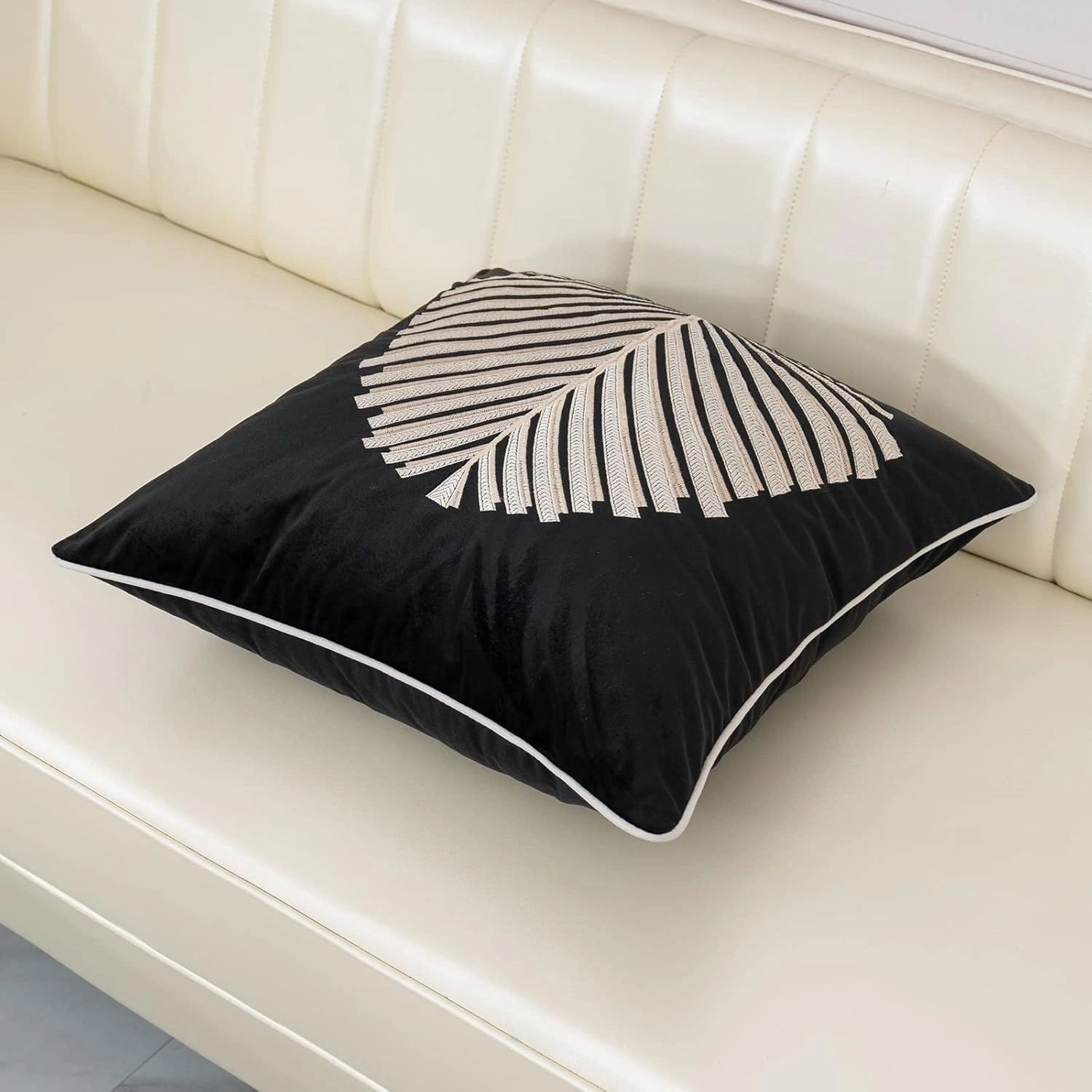 Aeckself Black White Leaves Velvet Throw Pillow Cover 18 x 18 Inch, Embroidery Square Cushion Case with Stitched Edge Luxury Modern Decorative Pillowcase for Couch Living Room Bedroom