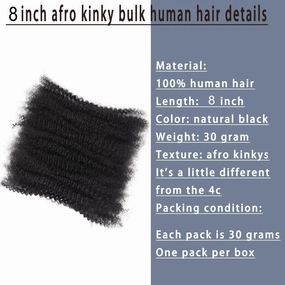 Afro Kinkys Bulk Human Hair 100% Human Hair Soft 4C for Mini Twist, Braiding, Loc Extensions & Crochet, Kinky Curly Hair Bundles,Natural Afro Bulk for Dreadlocks Black,8inch 30g/Pack