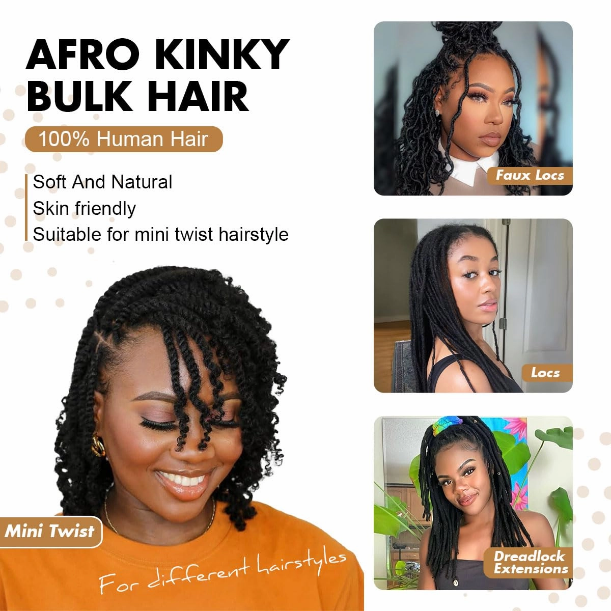 Afro Kinkys Bulk Human Hair, 12 inch 4c Curly Hair for Permanent Sister Locs/Mini Twists/Braids/Repair Can Dye and Bleach(50 Gram),#350