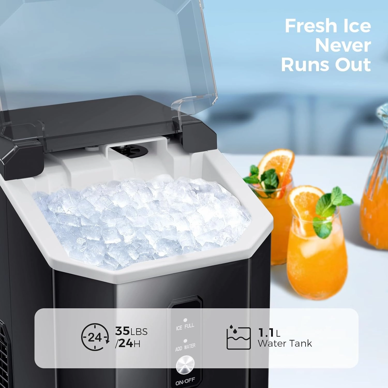 AGLUCKY Nugget Ice Maker Countertop, Portable Crushed Ice Maker Machine with Handle, 35lbs/24H, One-Click Operation, Self Cleaning Ice Machine for Home/Kitchen/Office(Black)