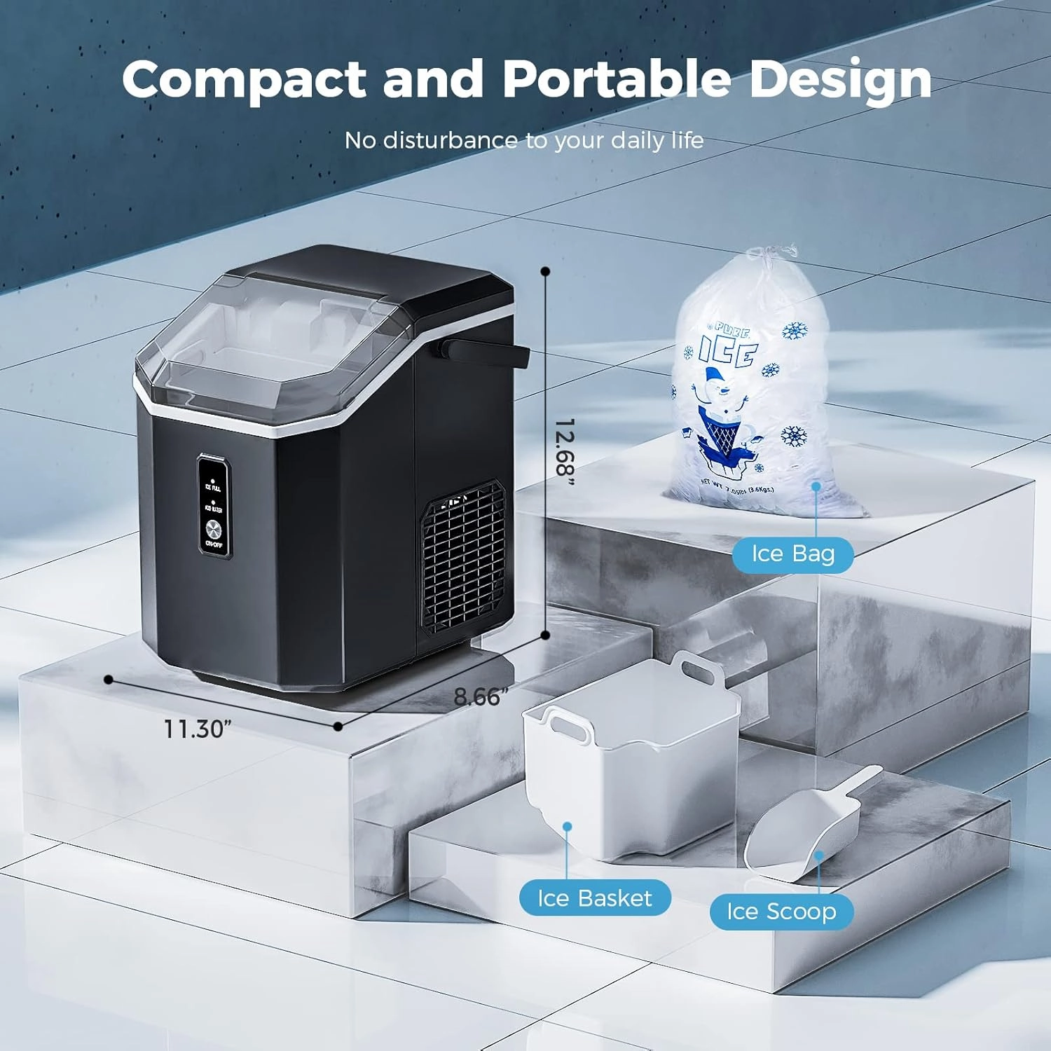 AGLUCKY Nugget Ice Maker Countertop, Portable Crushed Ice Maker Machine with Handle, 35lbs/24H, One-Click Operation, Self Cleaning Ice Machine for Home/Kitchen/Office(Black)
