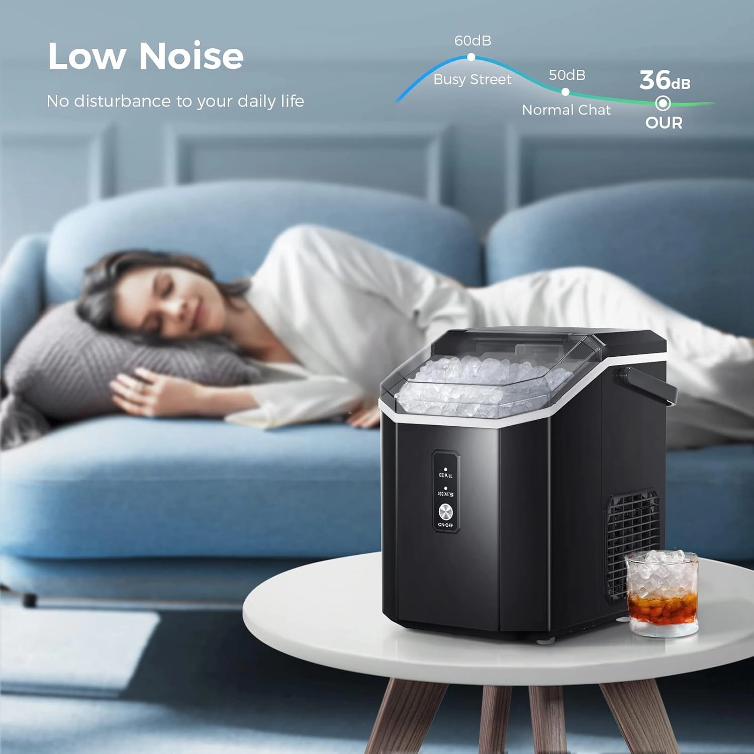 AGLUCKY Nugget Ice Maker Countertop, Portable Crushed Ice Maker Machine with Handle, 35lbs/24H, One-Click Operation, Self Cleaning Ice Machine for Home/Kitchen/Office(Black)