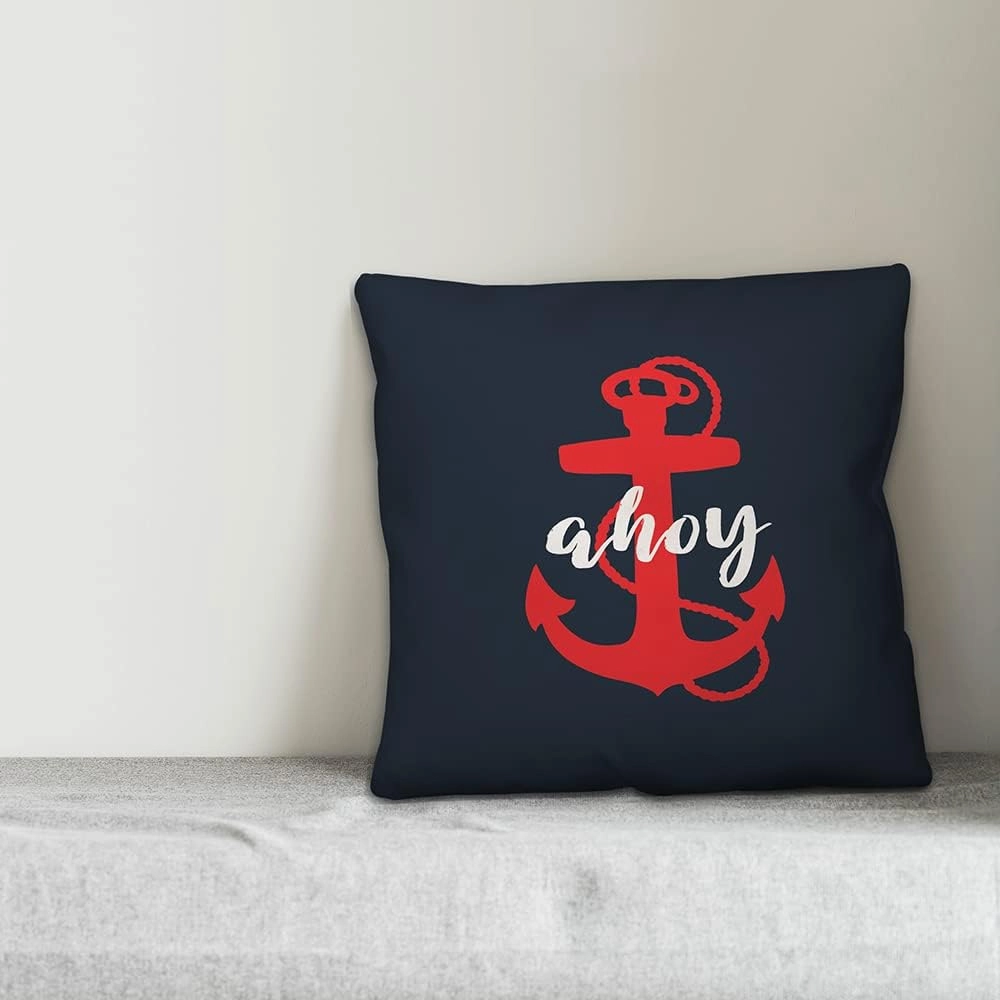 Ahoy Anchor Throw Pillow | Decorative Pillows for Living Room Couch Bed Sofa, Fluffy Soft Cushion | Blue, 16x16