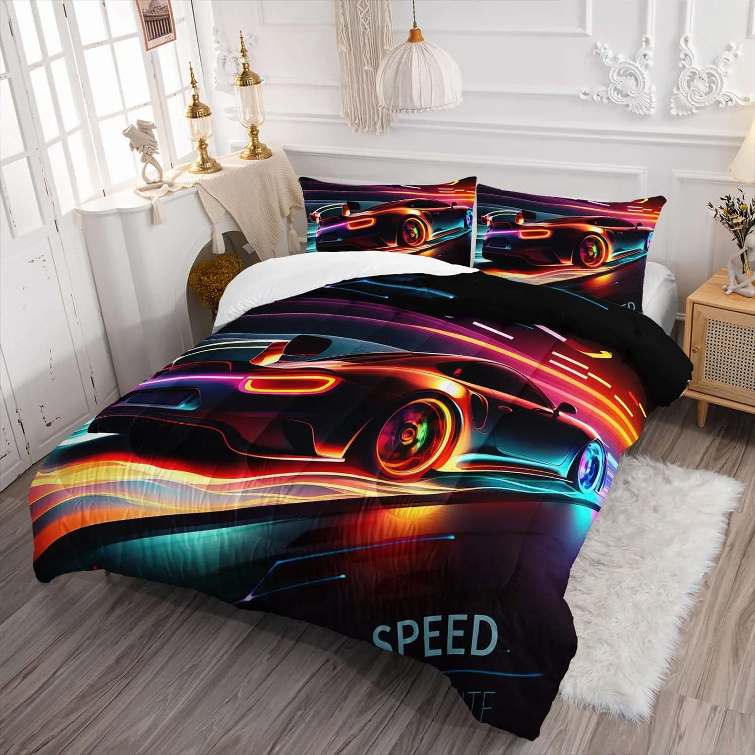 AILONEN 3D Racing Car Comforter Set Full Size, Extreme Sports Theme Bedding for Kids Boys, Modern Race Bed in a Bag, Cool Sports Bedsheets Set, 1 Fitted Sheet 2 Pillowcases
