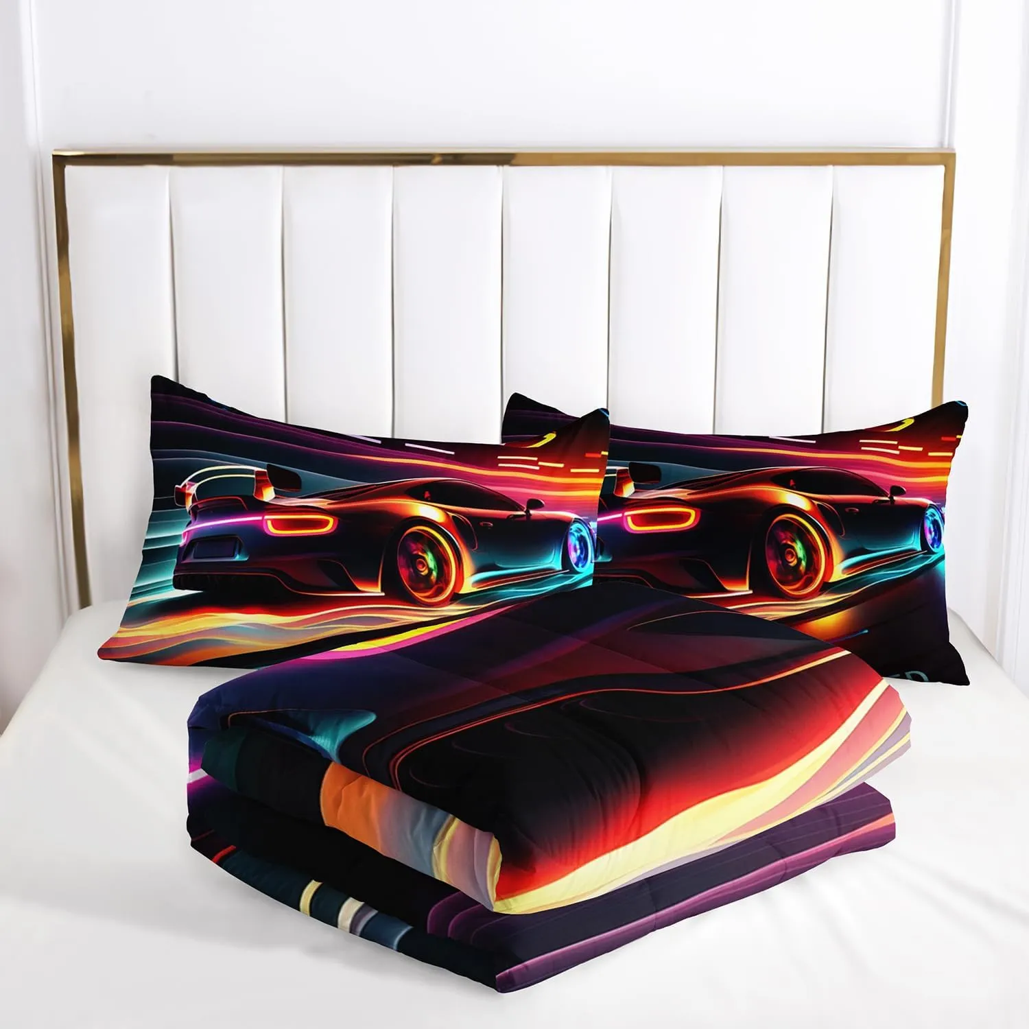 AILONEN 3D Racing Car Comforter Set Full Size, Extreme Sports Theme Bedding for Kids Boys, Modern Race Bed in a Bag, Cool Sports Bedsheets Set, 1 Fitted Sheet 2 Pillowcases