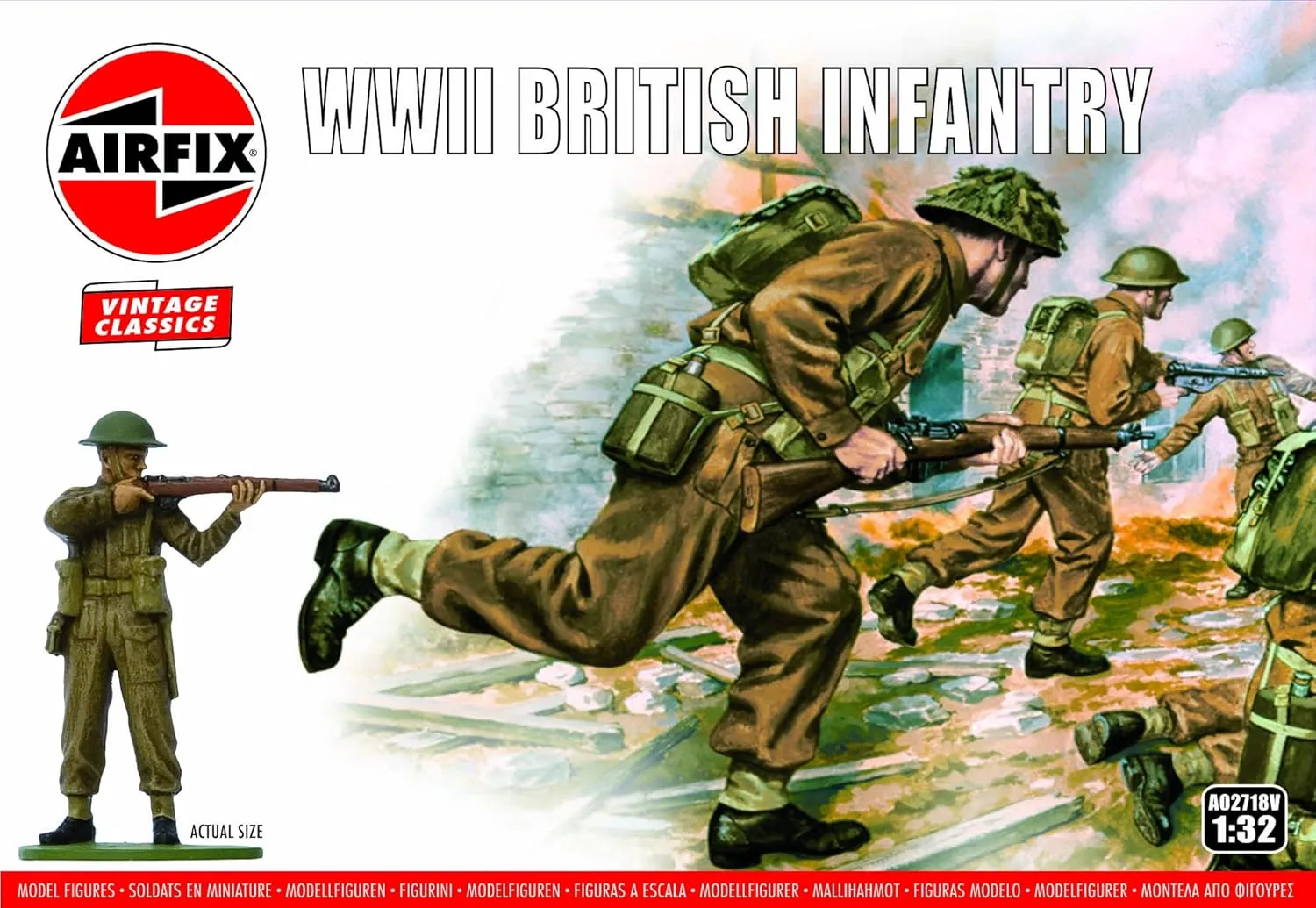 Airfix Vintage Classics WWII British Infantry 1:32 WWII Military Diorama Plastic Model Figures A02718V, Small, Unpainted