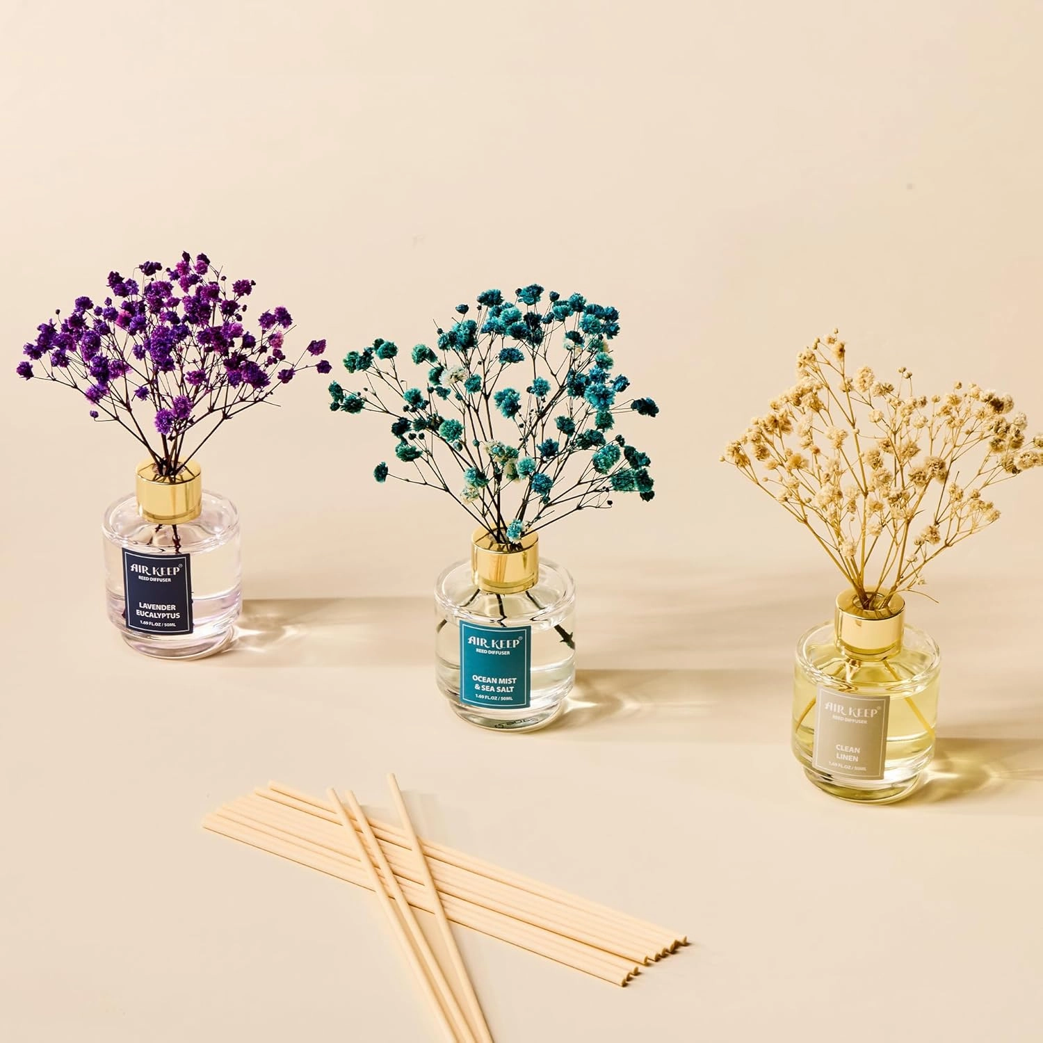 Airkeep Reed Diffuser Set of 3,Clean Linen Ocean Mist&Sea Salt Lavender Eucalyptus Oil Reed Diffusers for Bedroom Living Room Office Aromatherapy Oil Reed Diffuser for Gift 50ml x 3