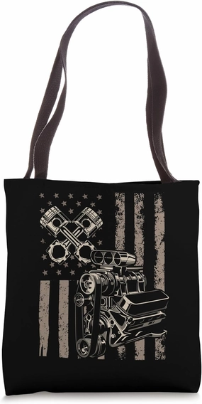 American Flag Piston Muscle Car for Patriotic Auto Mechanics Tote Bag