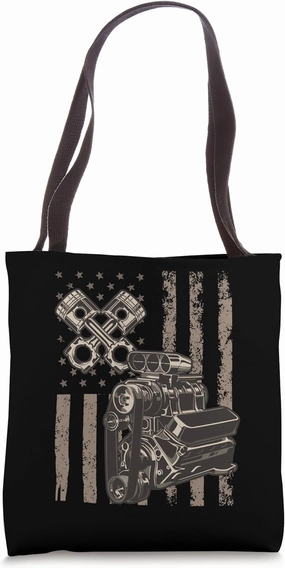 American Flag Piston Muscle Car for Patriotic Auto Mechanics Tote Bag