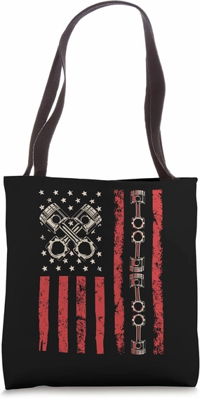 American Flag Piston Muscle Car for Patriotic Mechanics Tote Bag