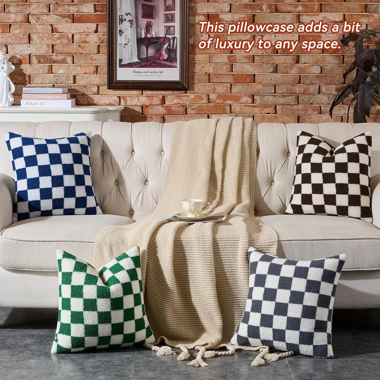 AmHoo Pack of 2 Decorative Throw Pillow Covers Checkerboard Luxury Super Soft Faux Fur Wool Set Case Cushion for Couch Sofa Bedroom 18 x 18-Inch Gray