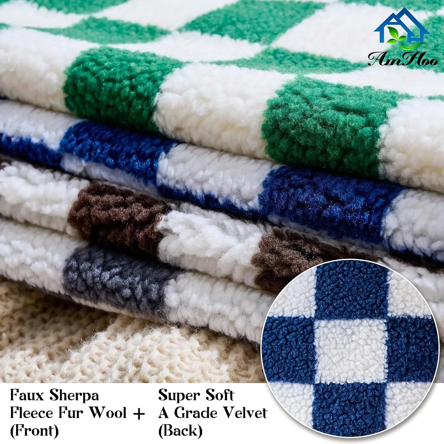 AmHoo Pack of 2 Decorative Throw Pillow Covers Checkerboard Luxury Super Soft Faux Fur Wool Set Case Cushion for Couch Sofa Bedroom 18 x 18-Inch Gray