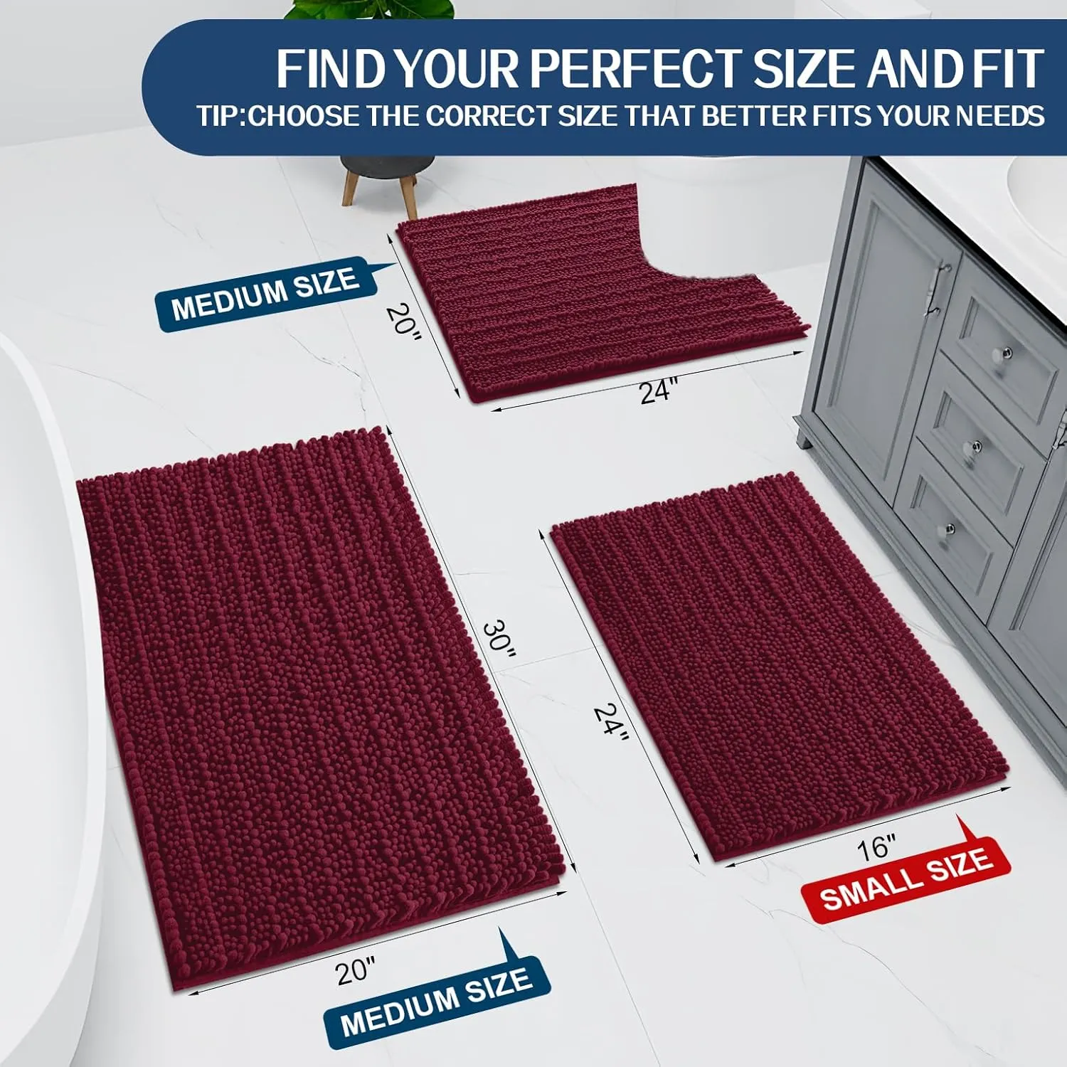 Arotive Luxury Chenille Bathroom Rug Mat, Extra Soft Thick Absorbent Shaggy Bath Rugs, Non-Slip Machine Wash Dry, Plush Bath Mats for Bathroom, Shower and Tub, 24x16, Burgundy
