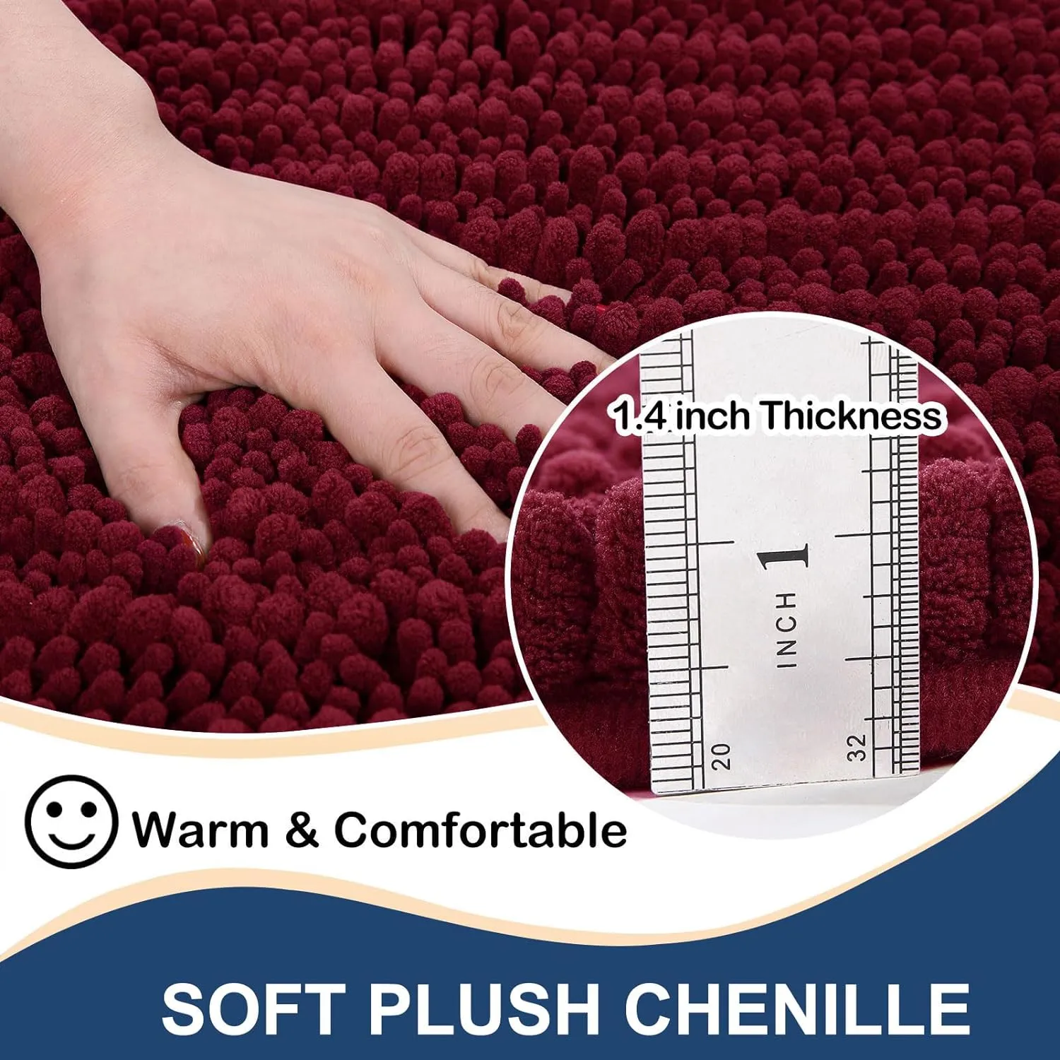 Arotive Luxury Chenille Bathroom Rug Mat, Extra Soft Thick Absorbent Shaggy Bath Rugs, Non-Slip Machine Wash Dry, Plush Bath Mats for Bathroom, Shower and Tub, 24x16, Burgundy