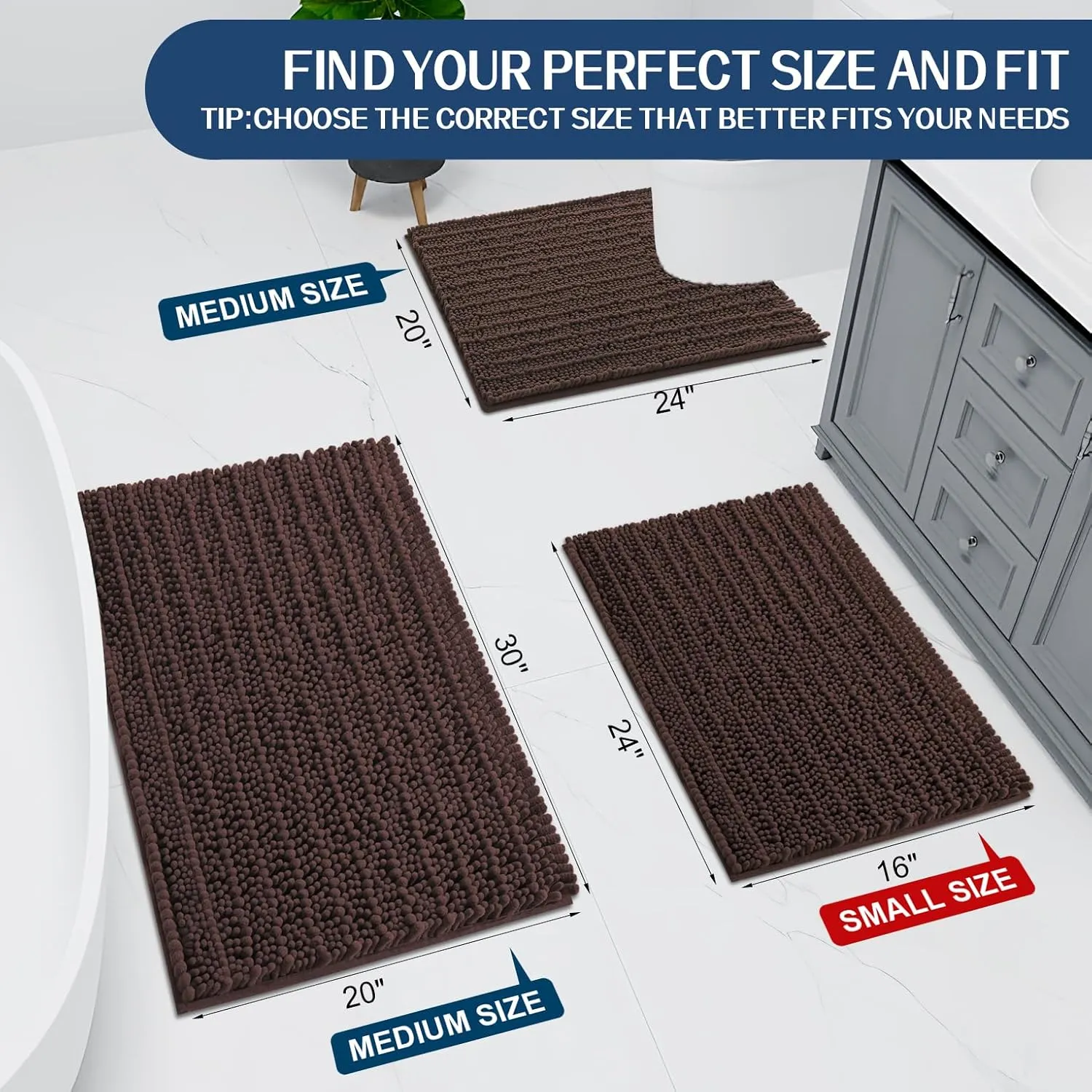 Arotive Luxury Chenille Bathroom Rug Mat, Extra Soft Thick Absorbent Shaggy Bath Rugs, Non-Slip Machine Wash Dry, Plush Bath Mats for Bathroom, Shower and Tub, 30x17, Brown
