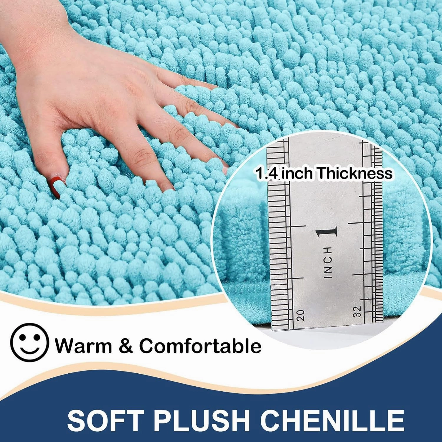 Arotive Luxury Chenille Bathroom Rug Mat, Extra Soft Thick Absorbent Shaggy Bath Rugs, Non-Slip Machine Wash Dry, Plush Bath Mats for Bathroom, Shower and Tub, 24x16, Blue