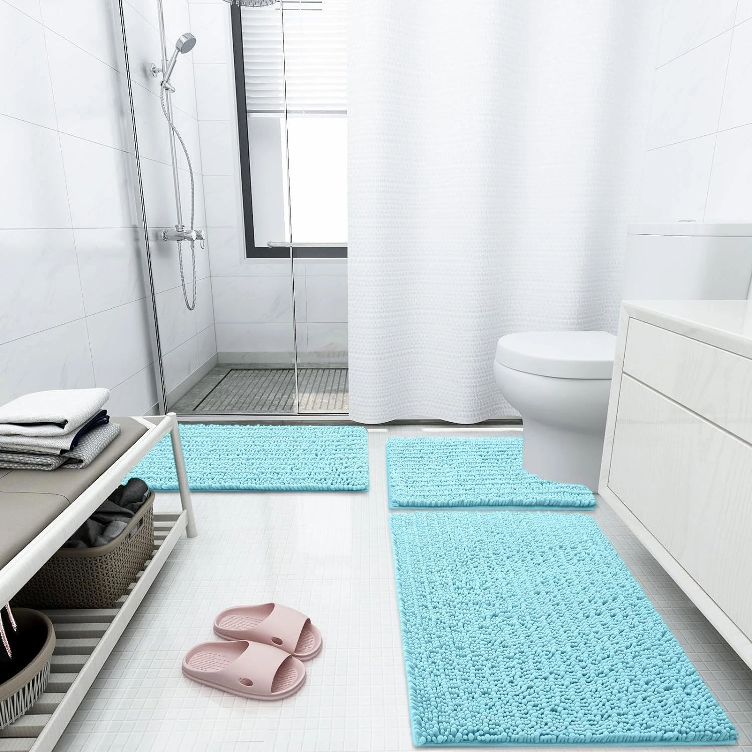 Arotive Luxury Chenille Bathroom Rug Mat, Extra Soft Thick Absorbent Shaggy Bath Rugs, Non-Slip Machine Wash Dry, Plush Bath Mats for Bathroom, Shower and Tub, 24x16, Blue