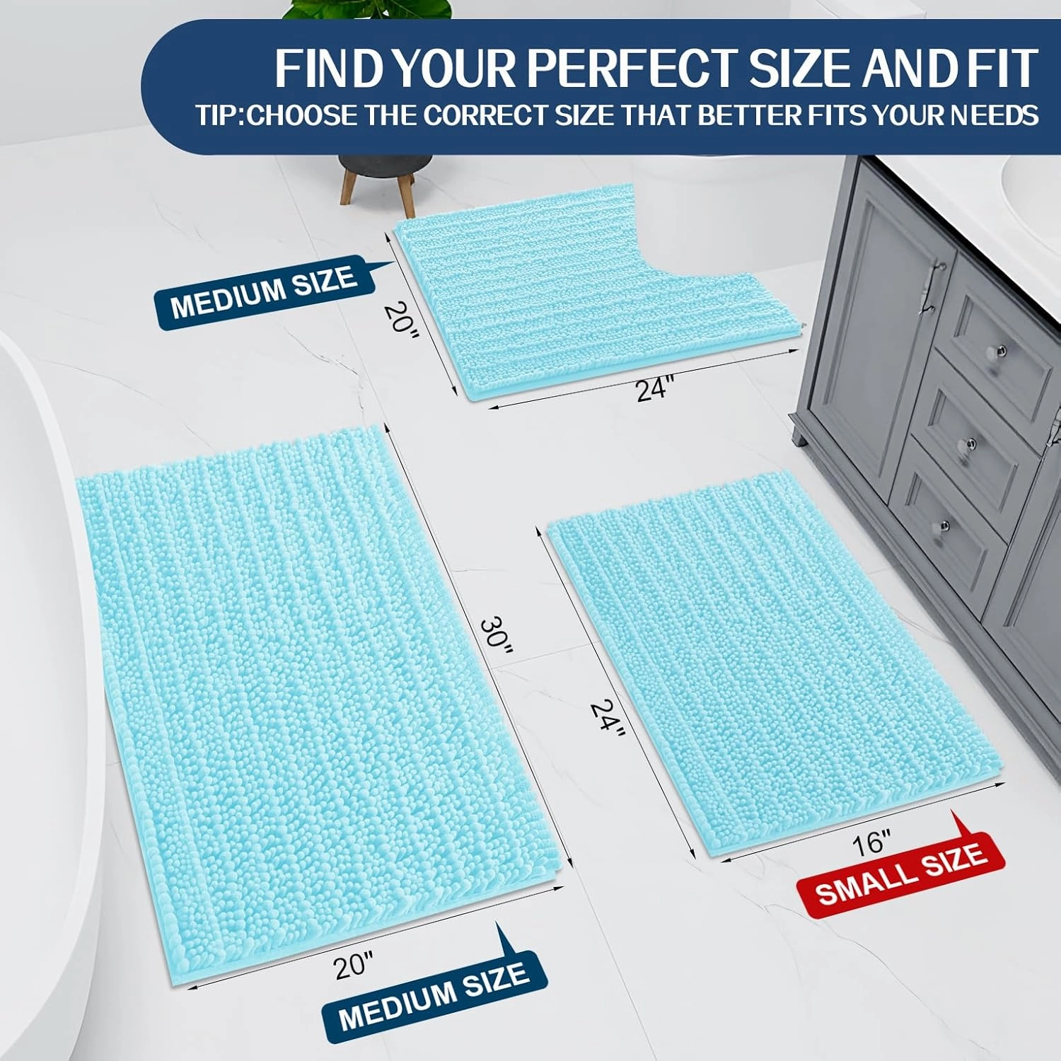 Arotive Luxury Chenille Bathroom Rug Mat, Extra Soft Thick Absorbent Shaggy Bath Rugs, Non-Slip Machine Wash Dry, Plush Bath Mats for Bathroom, Shower and Tub, 24x16, Blue