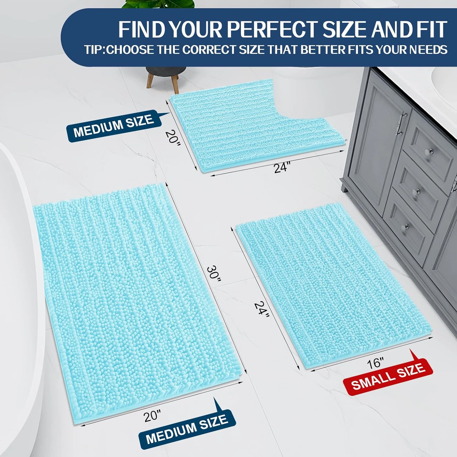 Arotive Luxury Chenille Bathroom Rug Mat, Extra Soft Thick Absorbent Shaggy Bath Rugs, Non-Slip Machine Wash Dry, Plush Bath Mats for Bathroom, Shower and Tub, 24x16, Blue