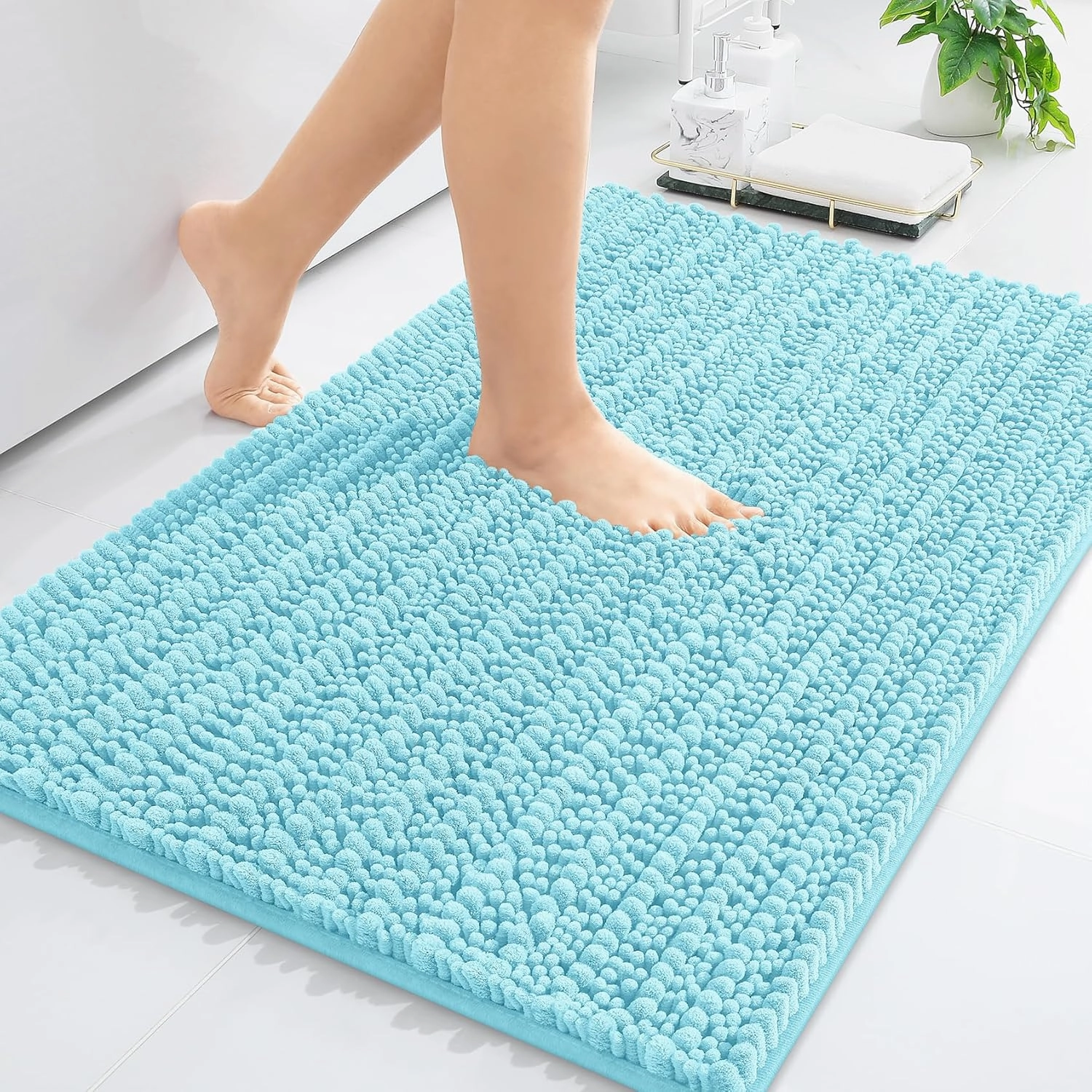 Arotive Luxury Chenille Bathroom Rug Mat, Extra Soft Thick Absorbent Shaggy Bath Rugs, Non-Slip Machine Wash Dry, Plush Bath Mats for Bathroom, Shower and Tub, 24x16, Blue