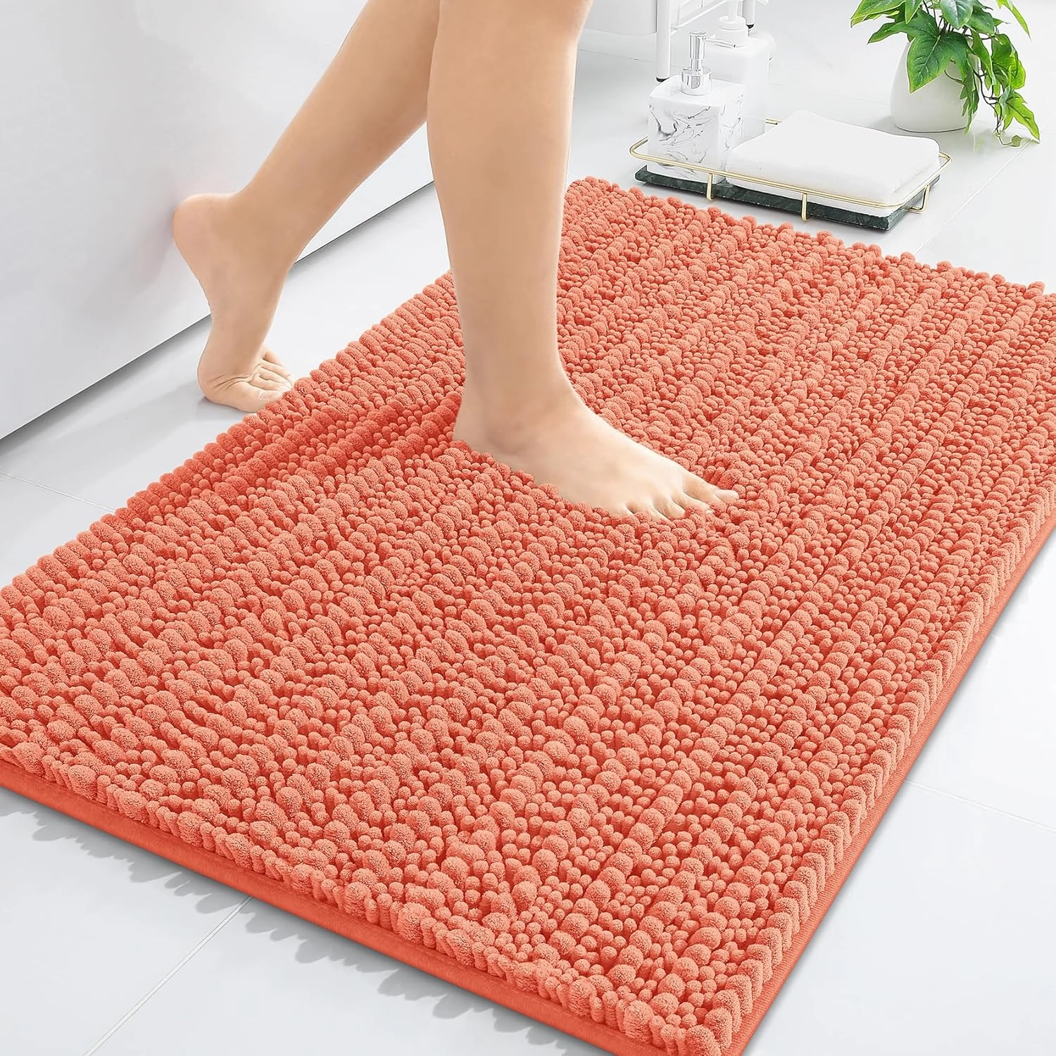 Arotive Luxury Chenille Bathroom Rug Mat, Extra Soft Thick Absorbent Shaggy Bath Rugs, Non-Slip Machine Wash Dry, Plush Bath Mats for Bathroom, Shower and Tub, 24x16, Coral