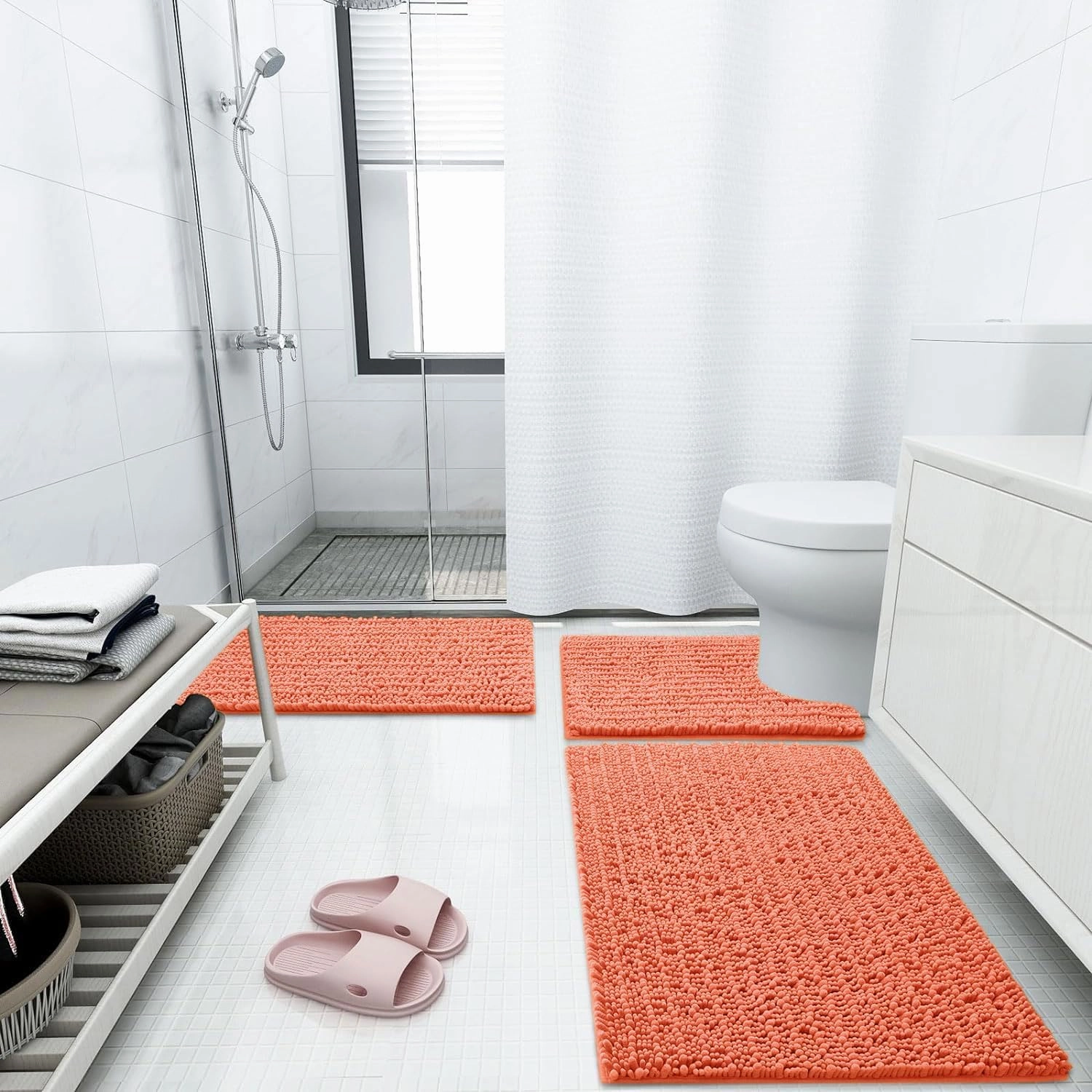 Arotive Luxury Chenille Bathroom Rug Mat, Extra Soft Thick Absorbent Shaggy Bath Rugs, Non-Slip Machine Wash Dry, Plush Bath Mats for Bathroom, Shower and Tub, 24x16, Coral