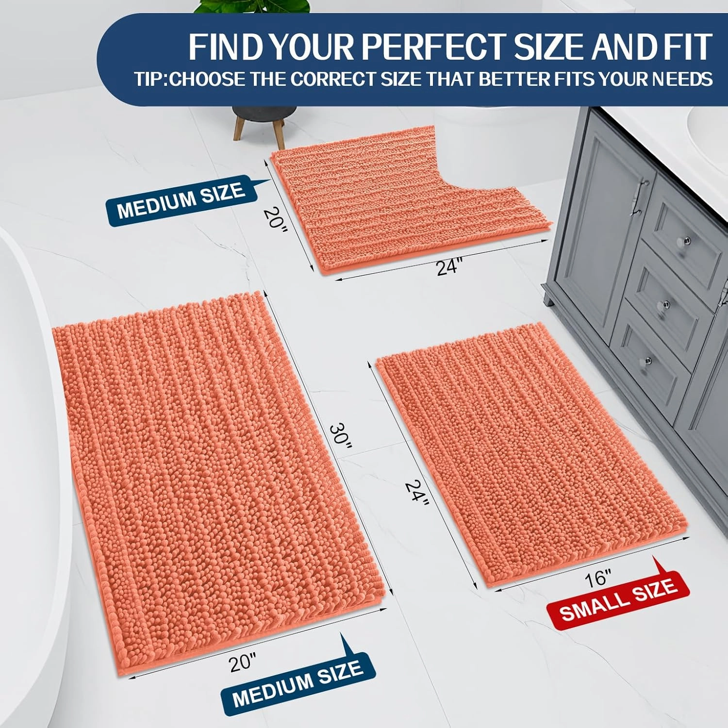 Arotive Luxury Chenille Bathroom Rug Mat, Extra Soft Thick Absorbent Shaggy Bath Rugs, Non-Slip Machine Wash Dry, Plush Bath Mats for Bathroom, Shower and Tub, 24x16, Coral