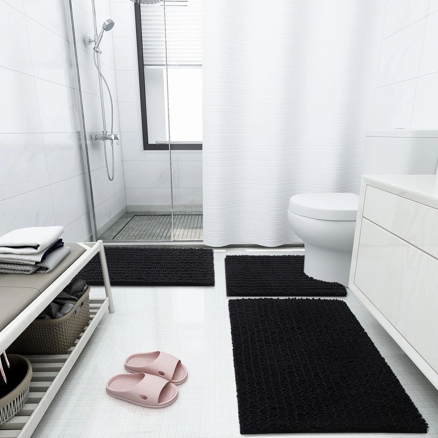 Arotive Luxury Chenille Bathroom Rug Mat, Extra Soft Thick Absorbent Shaggy Bath Rugs, Non-Slip Machine Wash Dry, Plush Bath Mats for Bathroom, Shower and Tub, 30x17, Black