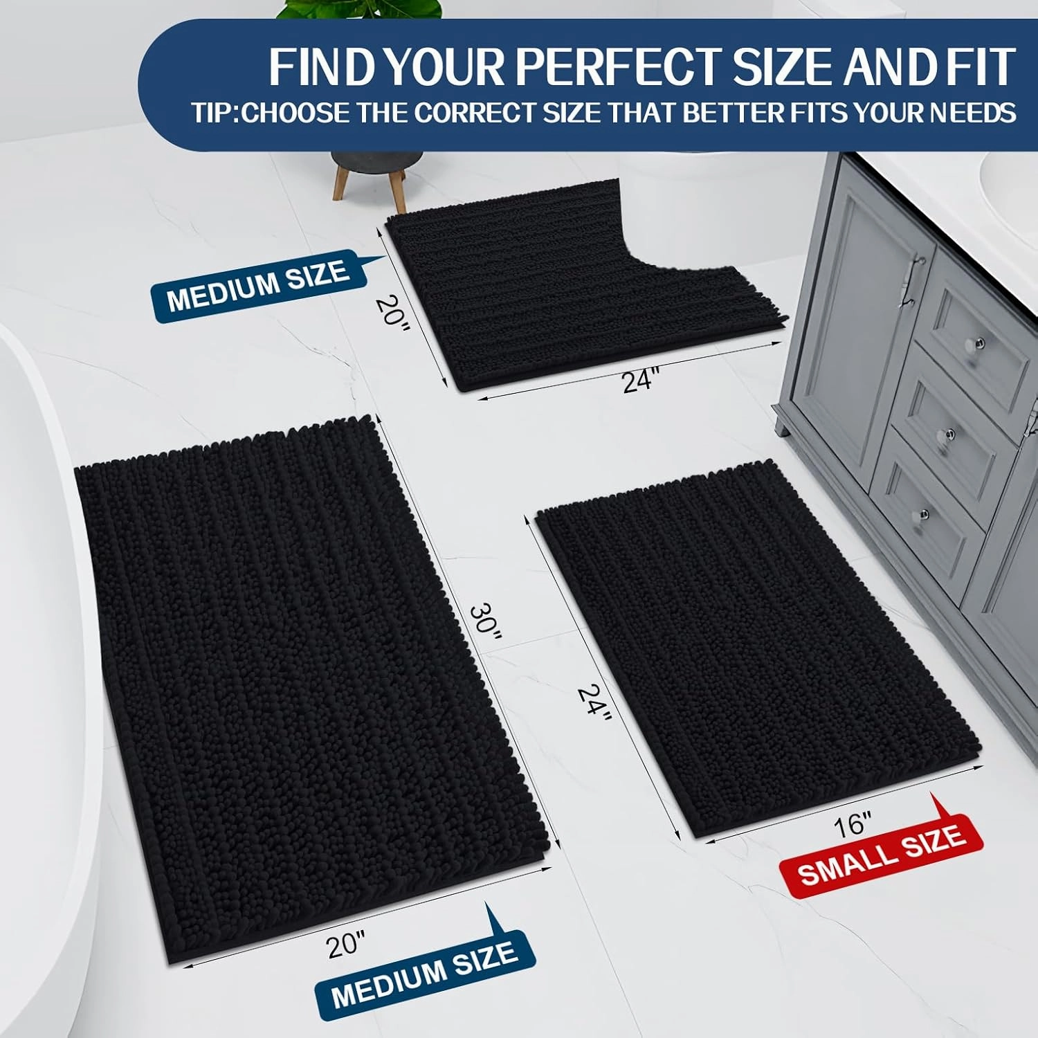 Arotive Luxury Chenille Bathroom Rug Mat, Extra Soft Thick Absorbent Shaggy Bath Rugs, Non-Slip Machine Wash Dry, Plush Bath Mats for Bathroom, Shower and Tub, 30x17, Black