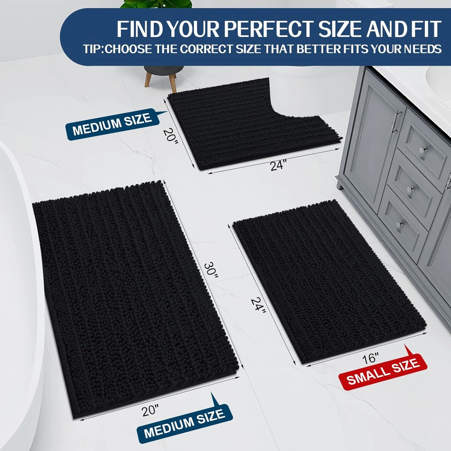 Arotive Luxury Chenille Bathroom Rug Mat, Extra Soft Thick Absorbent Shaggy Bath Rugs, Non-Slip Machine Wash Dry, Plush Bath Mats for Bathroom, Shower and Tub, 30x17, Black