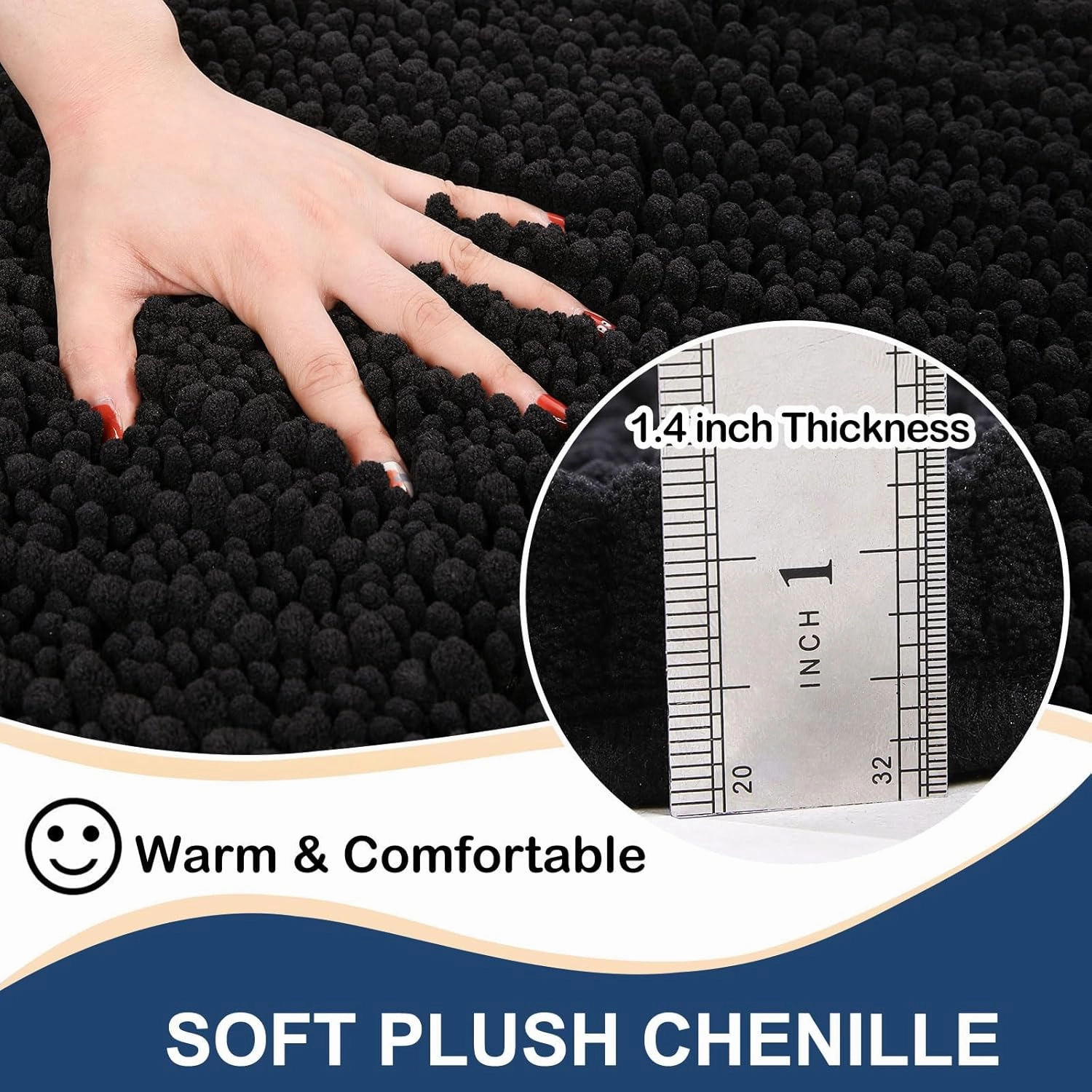 Arotive Luxury Chenille Bathroom Rug Mat, Extra Soft Thick Absorbent Shaggy Bath Rugs, Non-Slip Machine Wash Dry, Plush Bath Mats for Bathroom, Shower and Tub, 30x17, Black
