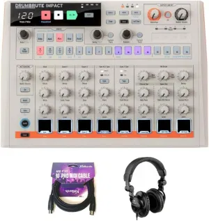 Arturia DrumBrute Impact 1984 Analog Drum Machine - White Bundle with Polsen HPC-A30 Closed-Back Studio Monitor Headphones, Kellards MID-P10T Pro MIDI to MIDI Cable 10 Feet