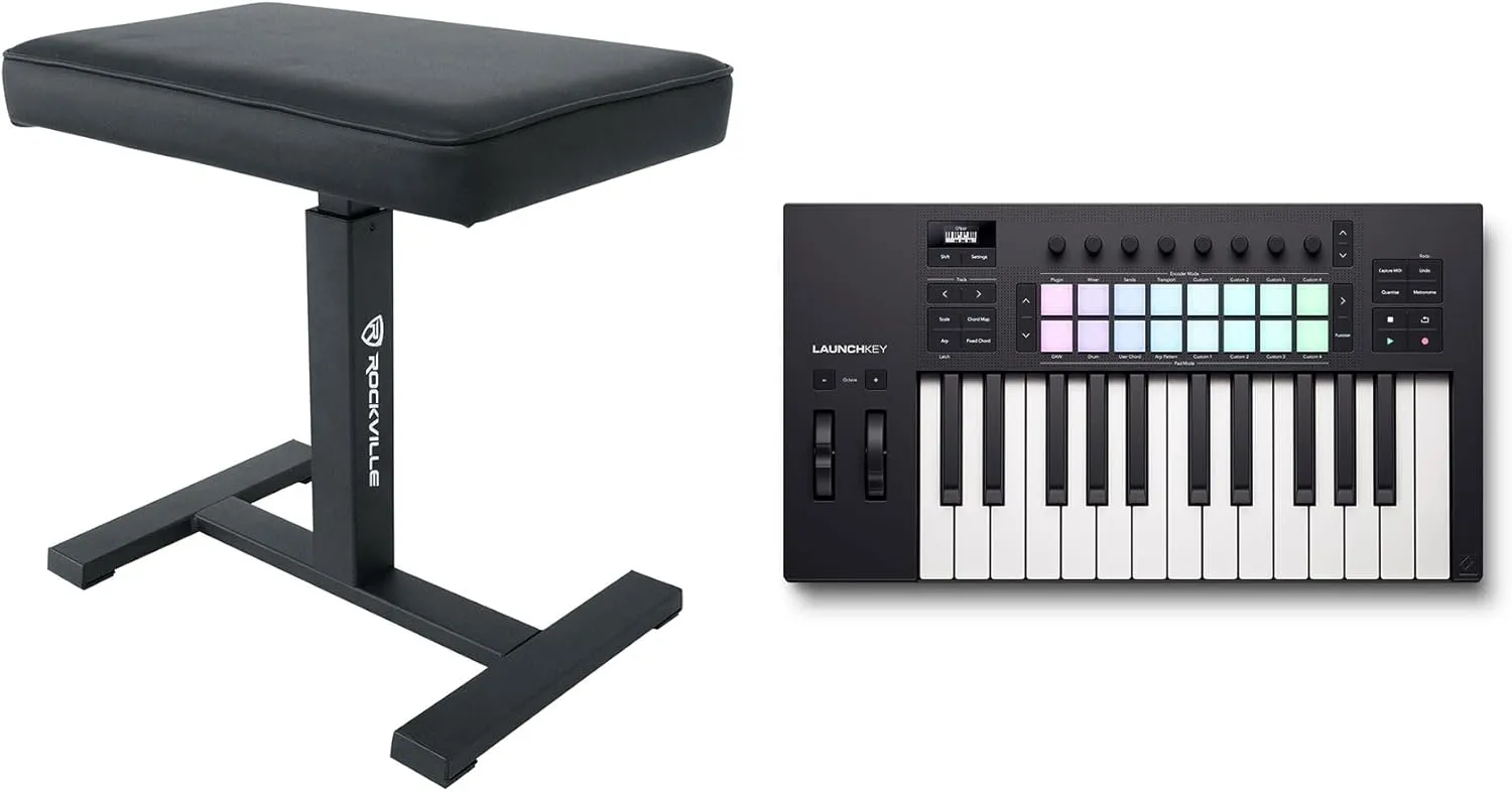 Audiosavings Bundle: Novation LAUNCHKEY 25 MK4 25-Key USB MIDI Ableton Live Keyboard Controller Bundle with Rockville AIR-BENCH Keyboard/Piano Bench Chair Hydraulic Air Lift Comfy Padding (2 Items)