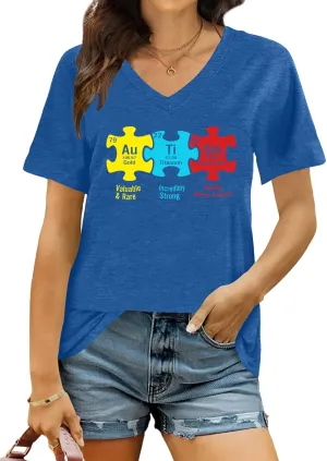 Autism Awareness Shirt for Women I Wear Blue Tshirt Autistic Mom T-Shirt Puzzle Piece Short Sleeve Tops