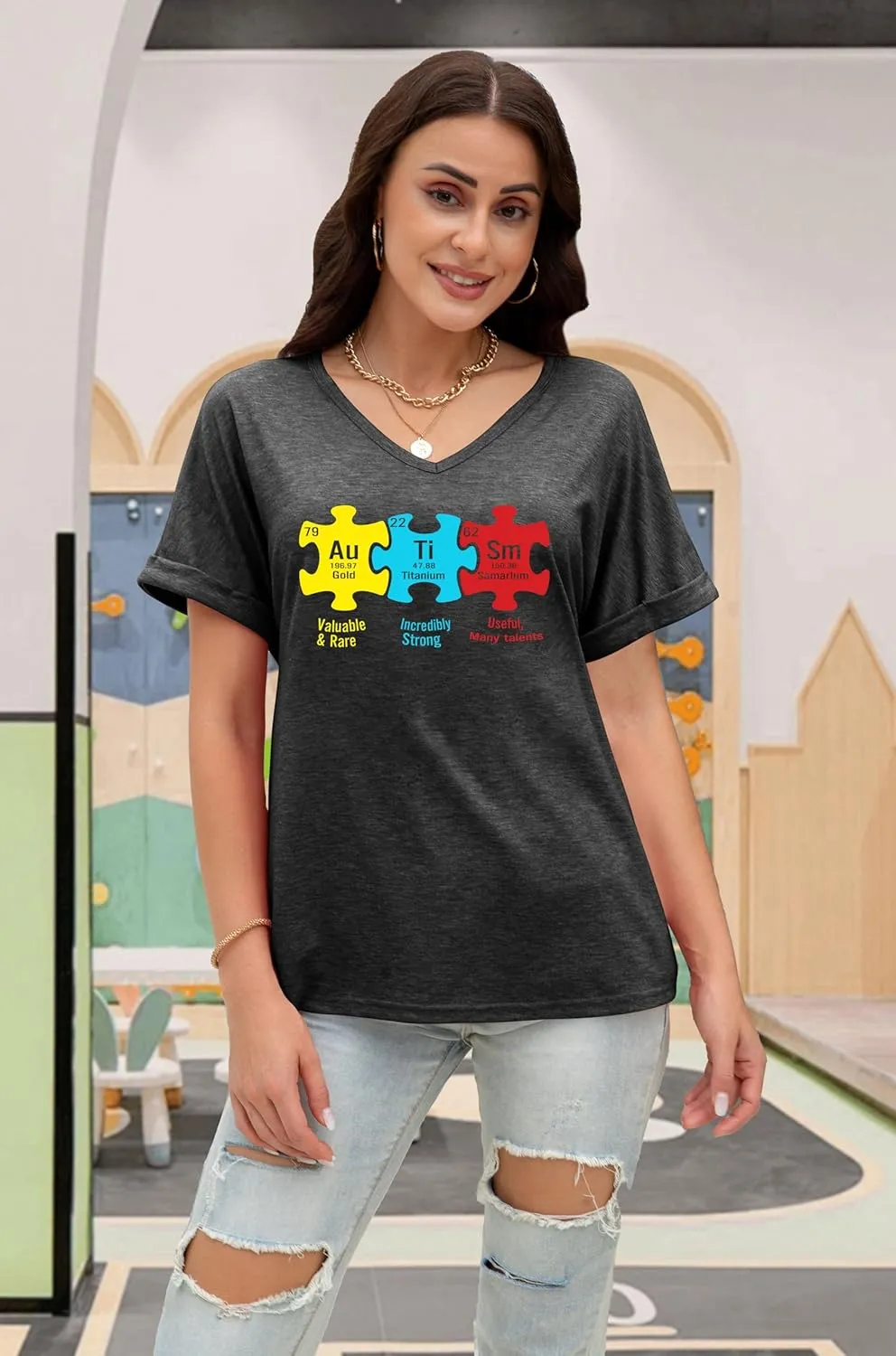 Autism Awareness Shirt for Women I Wear Blue Tshirt Autistic Mom T-Shirt Puzzle Piece Short Sleeve Tops