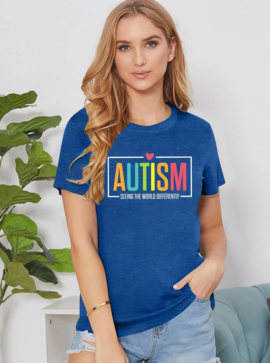 Autism Awareness Shirt for Women I Wear Blue Tshirt Autistic Mom T-Shirt Puzzle Piece Short Sleeve Tops