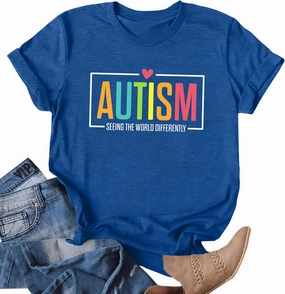 Autism Awareness Shirt for Women I Wear Blue Tshirt Autistic Mom T-Shirt Puzzle Piece Short Sleeve Tops