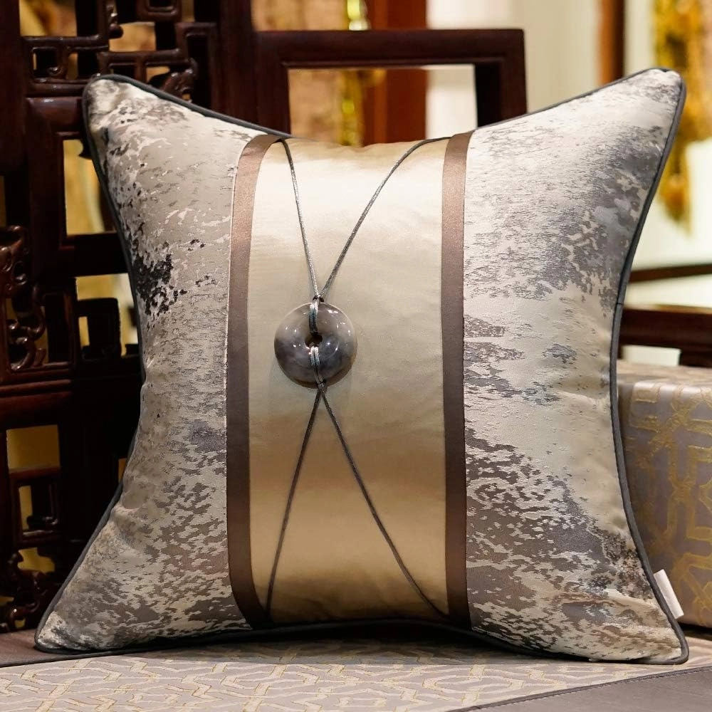 Avigers 18 x 18 Inches Chinese Style Grey Splash-Ink Patchwork with Jade Pendant Cushion Cases Luxury Throw Pillow Covers Decorative Pillows for Couch Living Room Bedroom Car 45 x 45cm