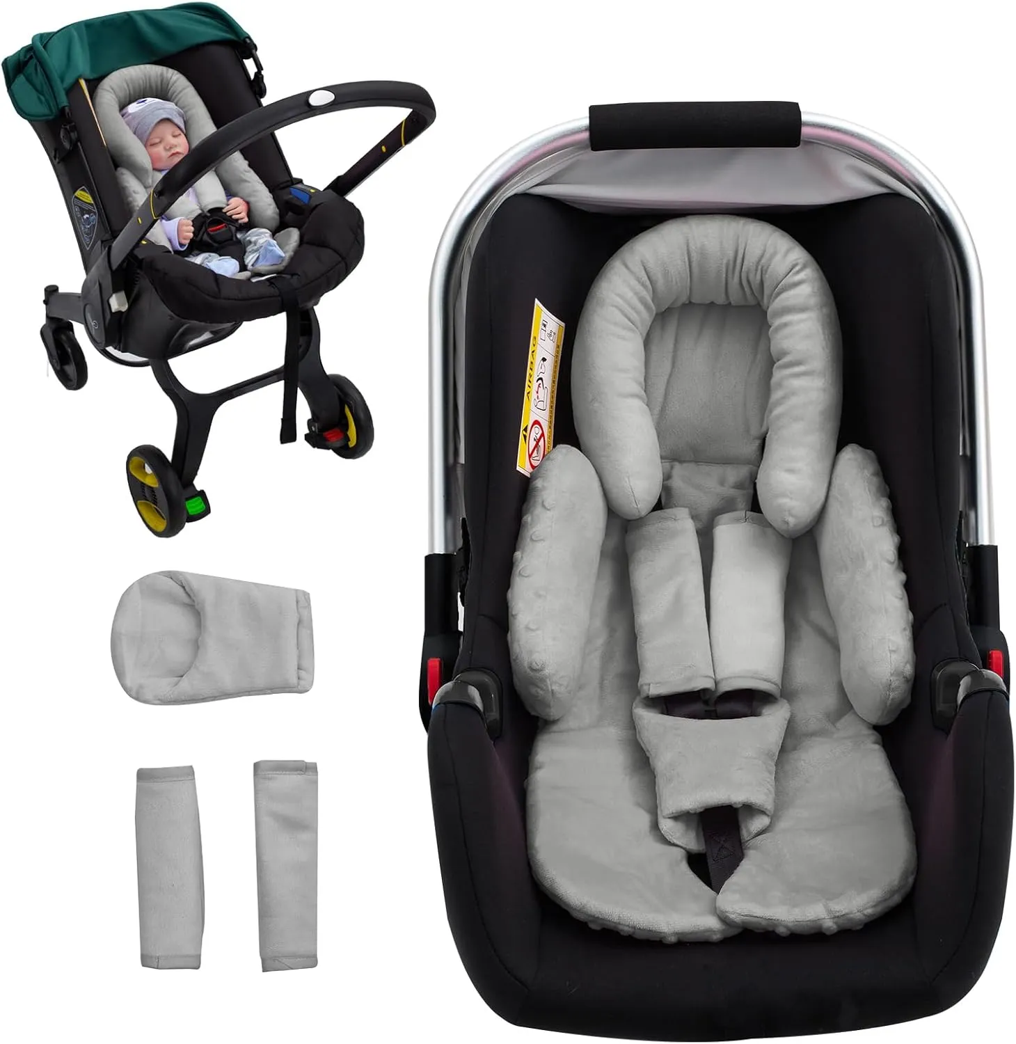 Baby Car Seat Head Support for Doona Stroller, Thickened Infant Carseat Head Support with 3 Strap Covers, Reversible Car Seat Insert for Newborn, Baby Car Seat Cushion with Filled Natural Cotton
