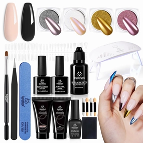 Beetles Poly Nail Extension Gel Kit with UV Lamp, 2 Neutral Colors Black Pink Nude UV Building Gel Manicure Set with 4 Jars Glitter Chrome Nail Powder Top Base Coat Easy DIY Nail Art Design Home