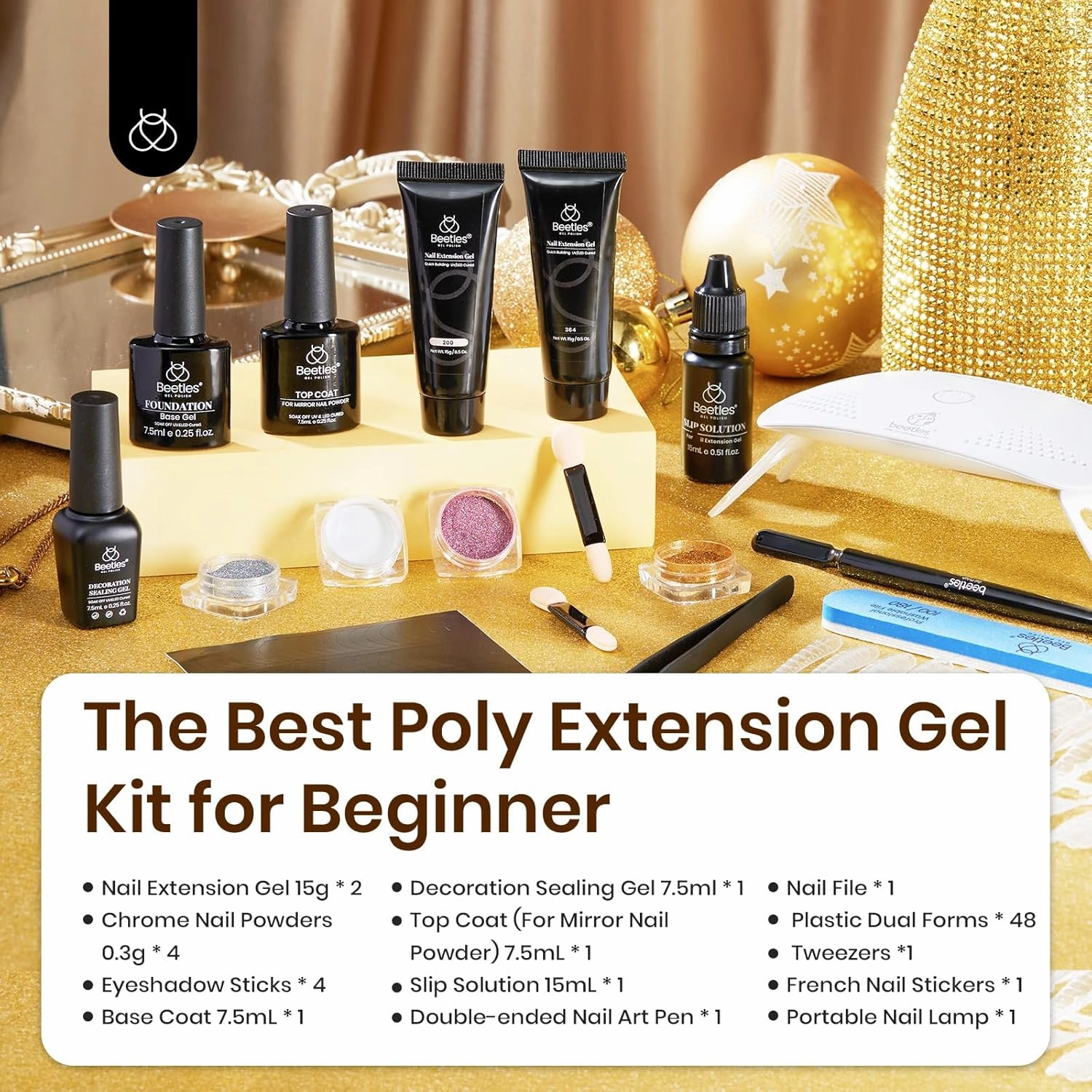 Beetles Poly Nail Extension Gel Kit with UV Lamp, 2 Neutral Colors Black Pink Nude UV Building Gel Manicure Set with 4 Jars Glitter Chrome Nail Powder Top Base Coat Easy DIY Nail Art Design Home