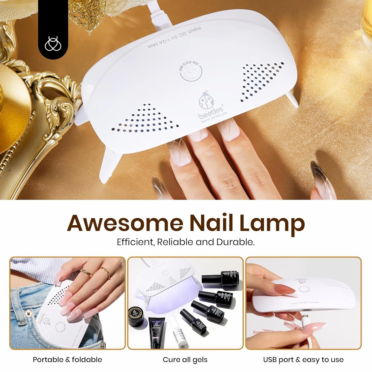 Beetles Poly Nail Extension Gel Kit with UV Lamp, 2 Neutral Colors Black Pink Nude UV Building Gel Manicure Set with 4 Jars Glitter Chrome Nail Powder Top Base Coat Easy DIY Nail Art Design Home