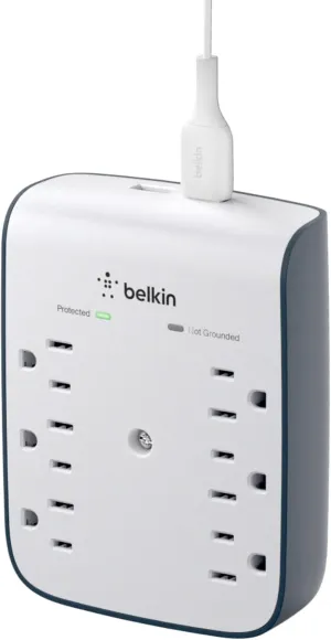 Belkin 6-Outlet Wall Surge Protector w/ 2 USB-A Ports, Wall-Mountable Surge Protector for Home, Office, Travel, Computer Desktop, Laptop, Phone Charger, & More - 900 Joules of Protection