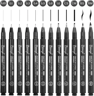 Bianyo Black Micro Pen Set - 12 Assorted Sizes Fine Line Drawing, Upgraded Pigment Ink, Bonus Pouch Bag, Water-Resistant Archival Pens for Artists, Crafters, and Journaling