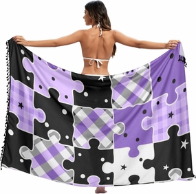 Black and Purple Creative Puzzle Check Pattern Swim Suit Cover for Swim Loose Beach Coverups For Women Vacation Outfits 45x70in