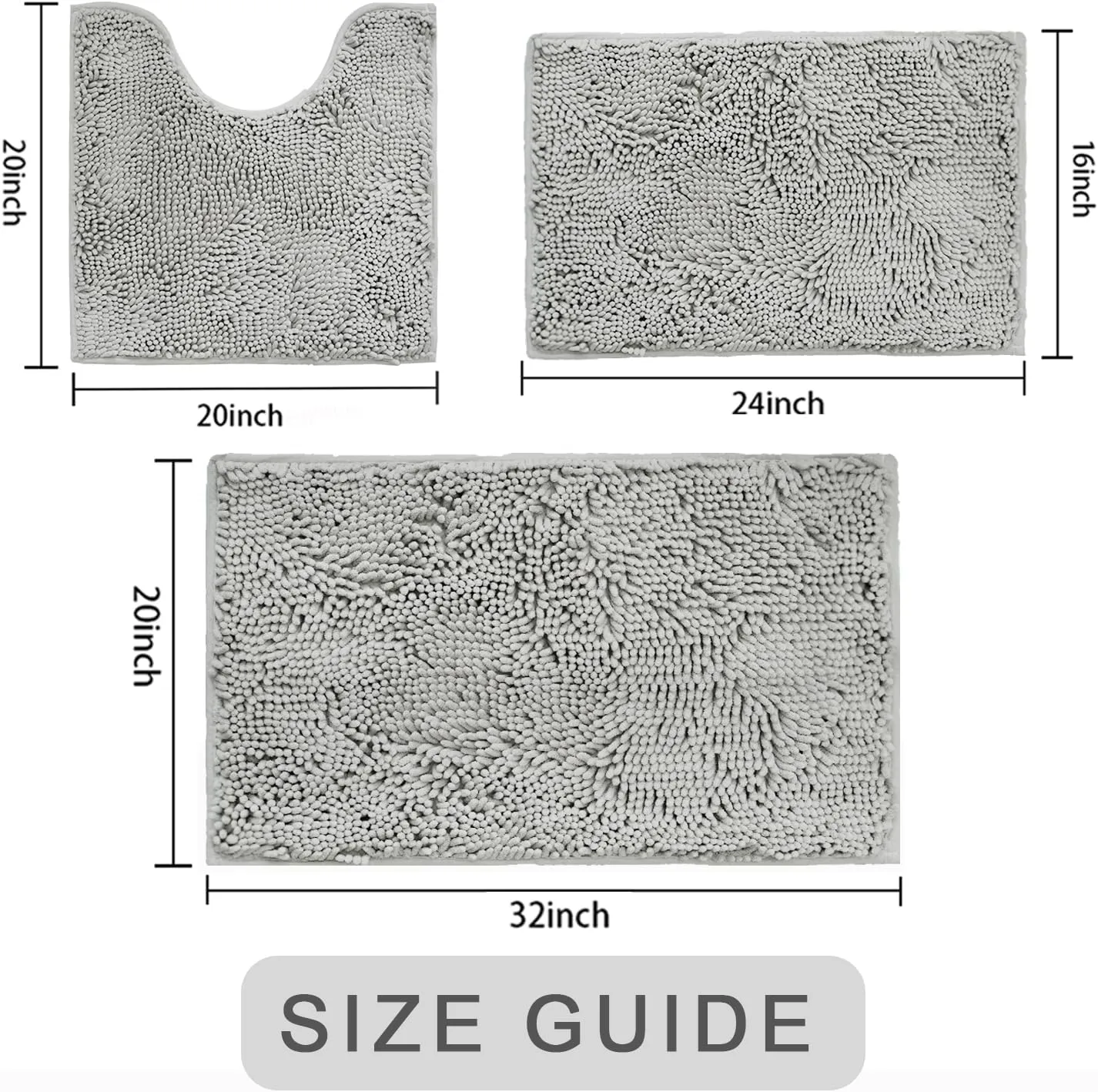 BOANKODU Bathroom Rugs Sets 3 Piece, Super Soft Absorbent Bath mat Set,with U-Shaped Toilet Rug,Strong PVC Underside Bathroom Rug,Antiskid Bath mats Washable Toilet mat, Light Gray