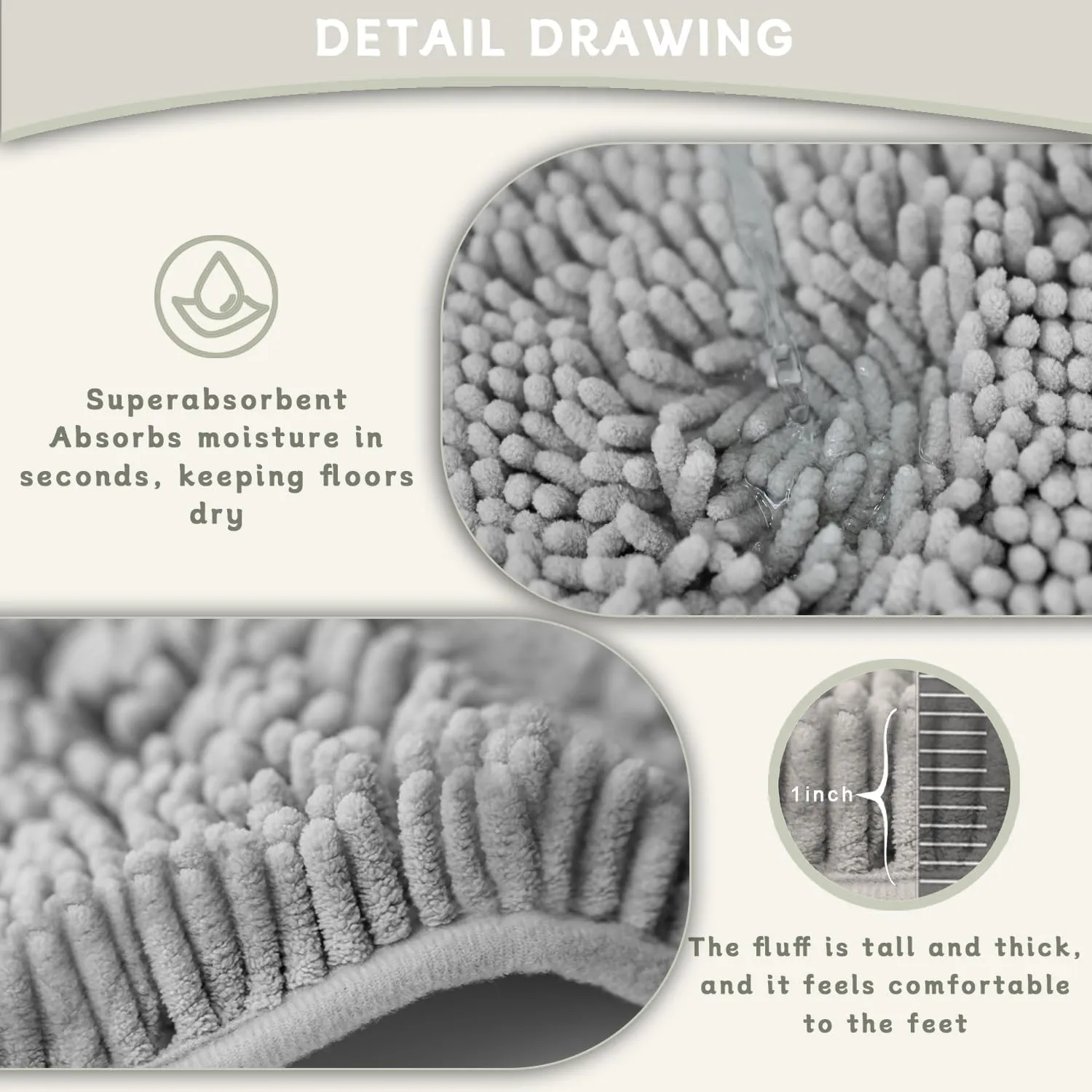 BOANKODU Bathroom Rugs Sets 3 Piece, Super Soft Absorbent Bath mat Set,with U-Shaped Toilet Rug,Strong PVC Underside Bathroom Rug,Antiskid Bath mats Washable Toilet mat, Light Gray